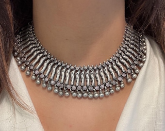 Oxidized Silver Look Choker, Indian Tribal Jewelry, Dual Tone Necklace
