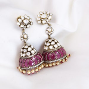 Ruby Kundan Moissanite Jhumka, Moissanite Polki Jhumka, Kundan earring, Moissanite Earrings,  Victorian Moissanite Earrings