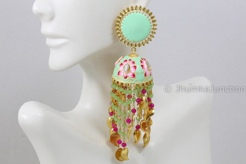 Enamel Kundan Chandbali Pachi Kundan Earrings Jhumka Green Jhumka Gold Pearl earrings Green Enamel Jhumka Kundan Earrings
