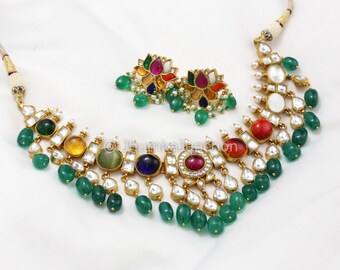 Navratan Kundan necklace, Indian wedding, Bollywood Necklace, Kundan Necklace, Polki Kundan Necklace Stone Kundan, Amrapali