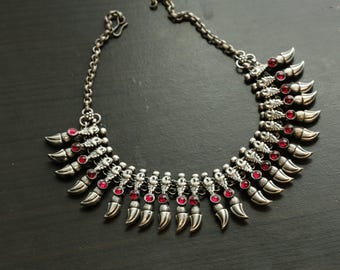 Oxidized Tribal Necklace: Red Stone Kuchi Pendant