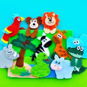 Zoo animals. Felt finger puppets. Set of 10 puppet toys. Children story. Creative felt play. Kids puppet show.