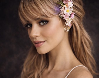 May include: A woman with long blonde hair and a white spaghetti strap top. She wears a floral hairpiece with pink and white flowers and a touch of purple. The background is a dark, blurred color.