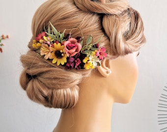 SUNFLOWER Hair Comb, Dried Greenery Flower Comb, Burgundy Summer Flower Wedding, Gift For Her, Sunflower Headpiece, Peigne Fleurs Cheveux