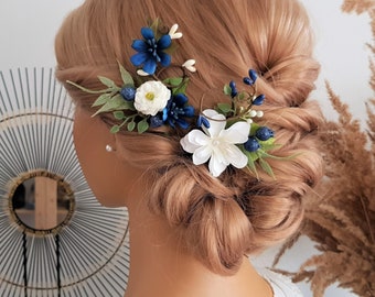 FLOWER HAIR PINS in white and blue, Navy Flower Pins, Bridal Hair Pins, Hair Accessories, Bridal Hairpiece, Wedding Headpiece, Gift For Her