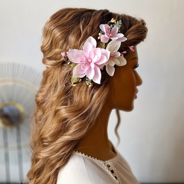 MAGNOLIA Floral Clip Bridal Hair Accessories Handmade Headpiece Flower Feliz Wedding Hair Pin Pink Flower Fleurs Cheveux Tocado de Flores