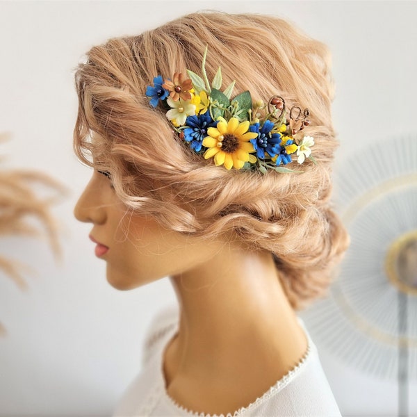 SUNFLOWER Hair Comb, Navy Hair piece, Gift for Her, Blue Flower Hair Comb, Sunflower Hair piece, Bridal Flowers, Summer Comb, Peigne Fleurs