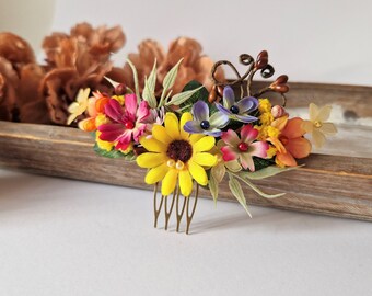 SUNFLOWER hair comb, Summer Hair piece, Hair Comb Flower, Gift For Girl, Folklore Headpiece, Fairy Hair Comb, Peigne Fleurs Cheveux, Peineta