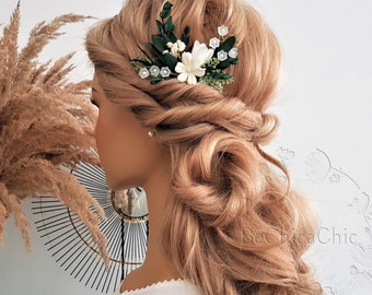 Eucalyptus Pearl Hair comb, Gift for Bride, Dried Flowers Hair piece, Boho Wedding Style, White Bridal Comb, Dry Eucalyptus, Tocado Flores