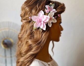 MAGNOLIA Floral Clip Bridal Hair Accessories Handmade Headpiece Flower Feliz Wedding Hair Pin Pink Flower Fleurs Cheveux Tocado de Flores