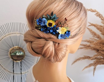 SUNFLOWER Blue Hair Comb • Bridal Hair piece • Boho Wedding Hair Comb • Dried Greenery Hair piece, Navy Blue Hair piece, Gift For Girlfriend