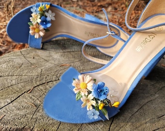Juego de pinzas para zapatos y diadema con diseño floral: accesorios de boda azules para mujer, tocado para niña de las flores