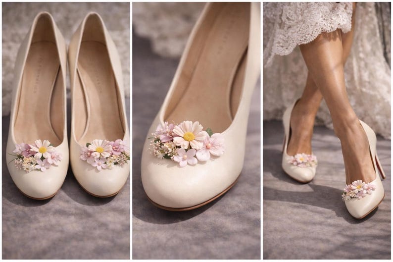 Presilhas florais para sapatos de noiva de salto alto, acessório estilo cottagecore, flores silvestres do campo, acessórios florais para sapatos de casamento, sapatos de noiva boho de luxo imagem 3