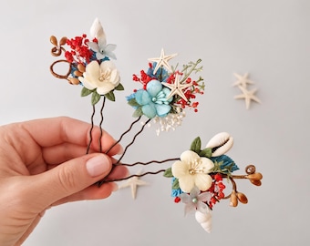 Coastal Seashells Hair Pins, Hawaii Beach Wedding Hair piece, Starfish Seashells, Summer Hair Pins, Mermaid Party Accessories