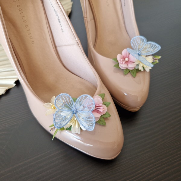 Pinces à chaussures papillon • Fleur Feliz • Pince à chaussures florale • Chaussures de mariée • Inspiration mariage de luxe • Broche fleur • Pince de Zapatos