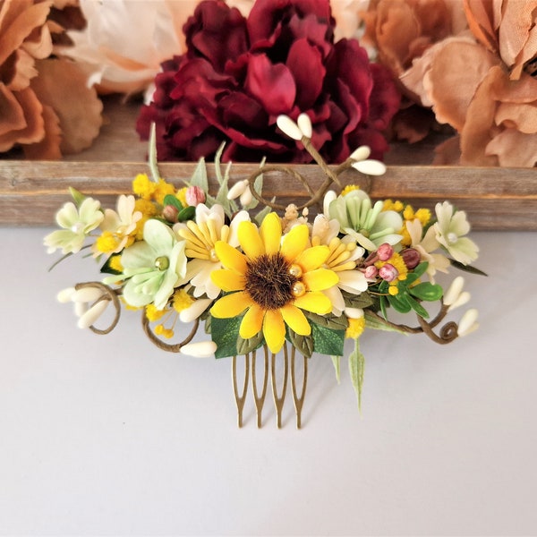 SUNFLOWER Hair Comb, Dried Greenery Flower Comb, Burgundy Summer Flower Wedding, Gift For Her, Sunflower Headpiece, Peigne Fleurs Cheveux