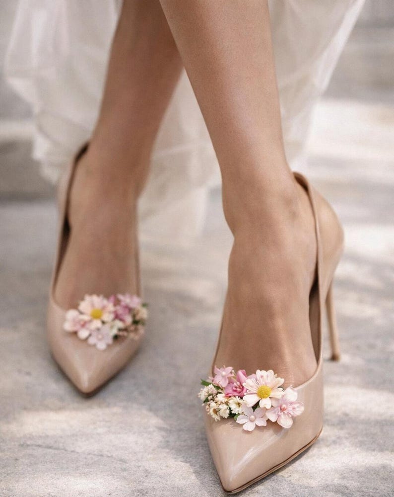 Presilhas florais para sapatos de noiva de salto alto, acessório estilo cottagecore, flores silvestres do campo, acessórios florais para sapatos de casamento, sapatos de noiva boho de luxo imagem 5