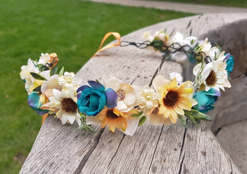 bridal tiara flower crown autumn bridal accessories daisy headband BLUE TIARA wild daisy hair piece garden wedding blue headpiece