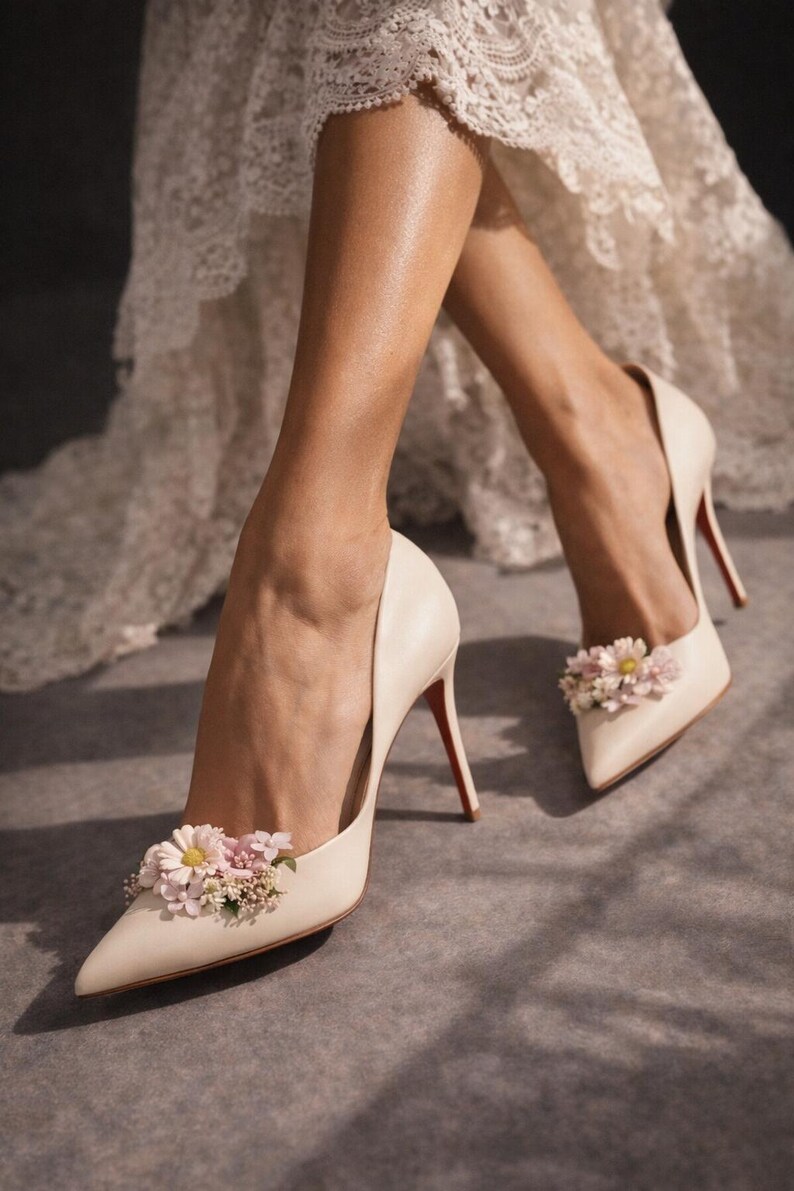 Presilhas florais para sapatos de noiva de salto alto, acessório estilo cottagecore, flores silvestres do campo, acessórios florais para sapatos de casamento, sapatos de noiva boho de luxo imagem 8