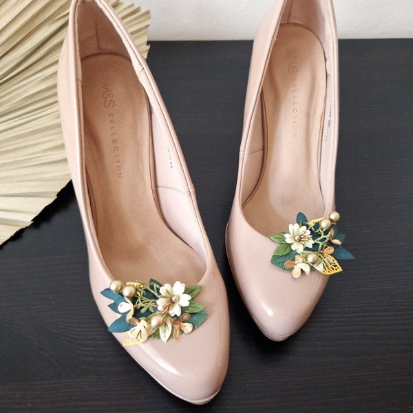 Pinces à chaussures fleur dorées • Pinces de perles d'eucalyptus • Accessoires de mariage • Pinces à chaussures de mariée • Cadeau de demoiselles d'honneur • Chaussures de mariage • Cadeau pour elle
