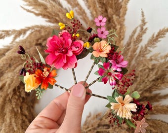Forcine per capelli con fiori rosa ARANCIONI, forcine per capelli Frida, stile folkloristico, forcine per capelli da matrimonio, forcine con fiori di campo, festa in giardino, sposa indiana Cottagecore