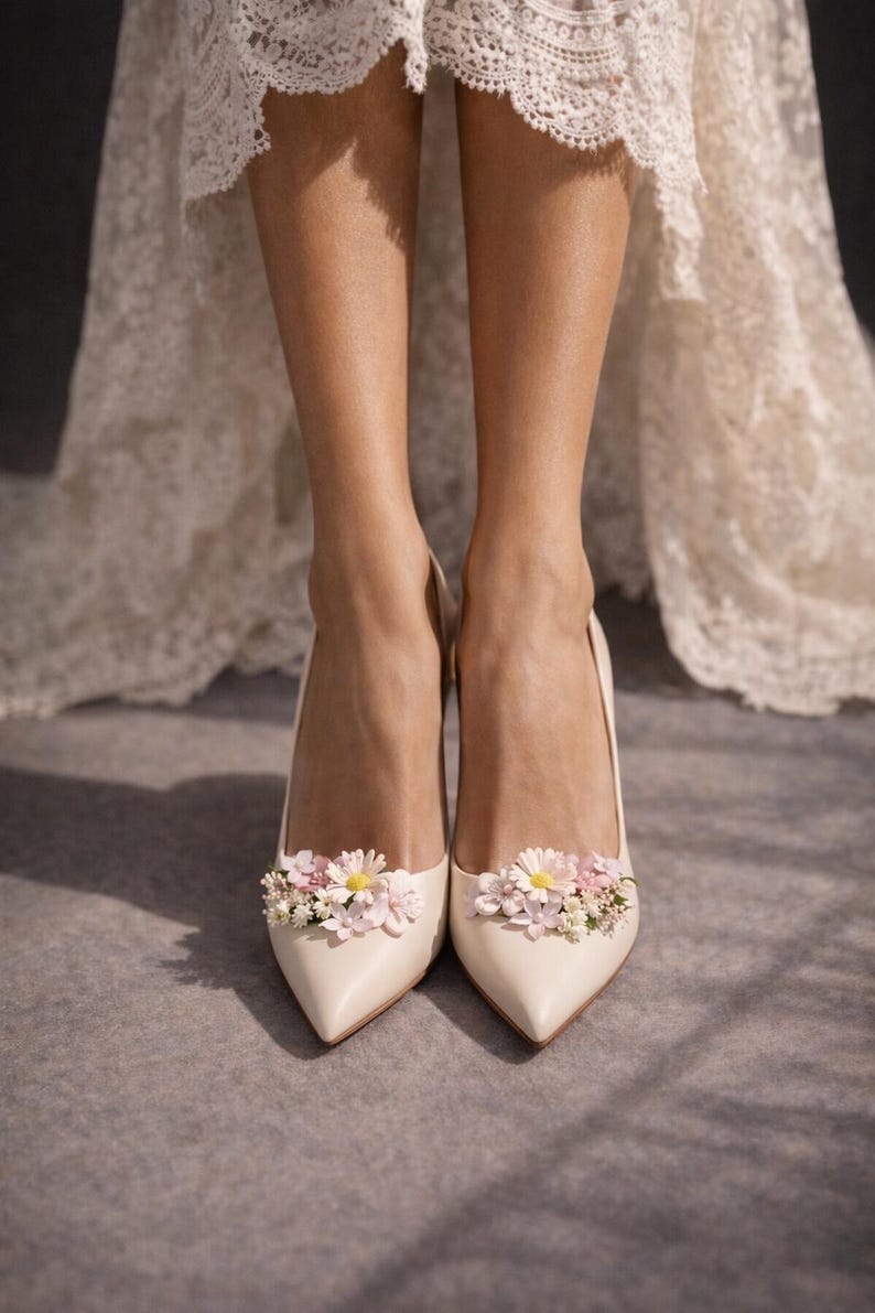 Presilhas florais para sapatos de noiva de salto alto, acessório estilo cottagecore, flores silvestres do campo, acessórios florais para sapatos de casamento, sapatos de noiva boho de luxo imagem 7