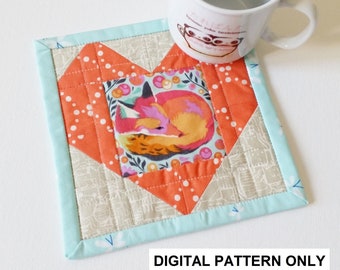 Fussy Cut Heart Mug Rug Pattern Digital PDF - Make a Fabric Coaster For Tea or Coffee