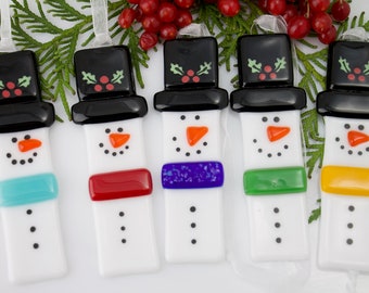 Snowman Ornaments  4" made with fused glass and Ribbon for Decorating or Gifting.