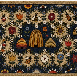 May include: A rectangular hooked rug featuring a dark blue background with a repeating pattern of beige honeycomb shapes. The design includes three golden beehives, various colorful flowers in red, orange, and blue, and several bees.