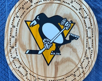 NHL Crib Board Cribbage Game Board Pittsburgh Penguins Jeu de cartes fait à la main Ash Wood Man Cave hockey
