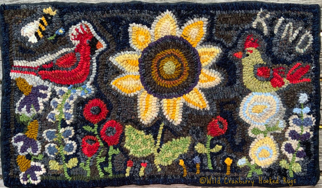 Primitive Hooked Rug Hooking Pattern Cardinals Bee Sunflowers Floral ...