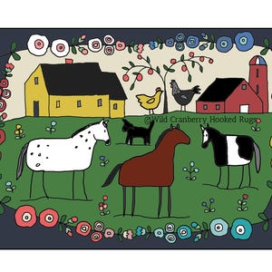 May include: A colorful folk art style illustration of a farm scene with two houses, a chicken, a dog, three horses, and a variety of flowers. The text "Wild Cranberry Hooked Rugs" is at the bottom of the image.