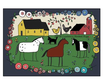 Primitive Hooked Rug Hooking Pattern Friendly Horse Farm Floral (not the rug!)  Digital pdf File Download to your computer