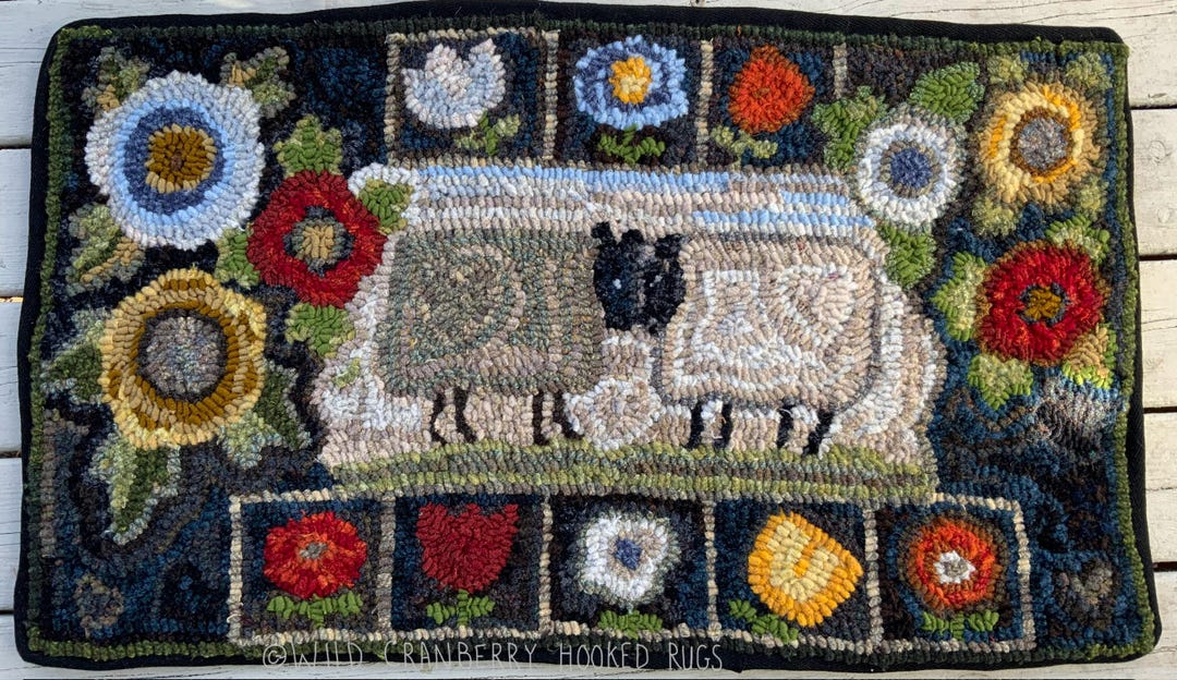 Primitive Hooked Rug Hooking Pattern Love Ewe Sheep Saltbox Flowers ...