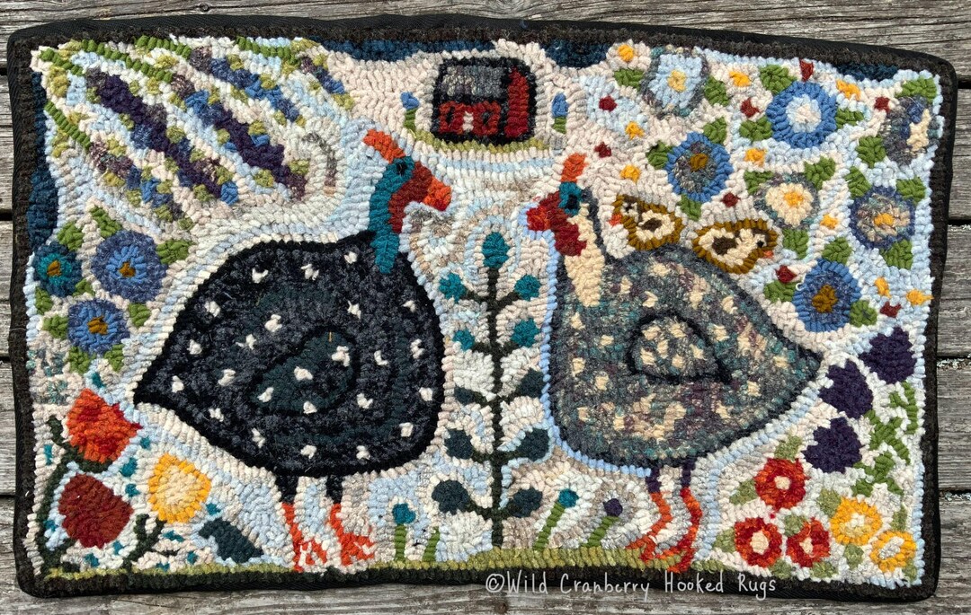Primitive Hooked Rug Hooking Pattern Guinea Fowl Hen Pearl Henrietta ...