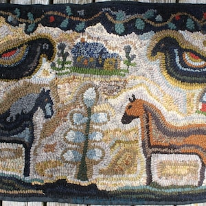 Primitive Hooked Rug Hooking Pattern Crowberry Cottage horse crows (not the rug!)  Digital pdf File Download to your computer