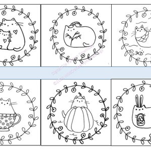 Könnte beinhalten: Sechs Schwarzweißillustrationen einer Katze in einem Kranz. Die Katze ist in verschiedenen Posen, darunter mit einem Herzen, mit einem Weihnachtsmann-Hut, schwimmend, mit einer Teetasse, mit einem Kürbis und mit einem Osterkorb.