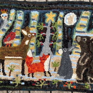 Primitive Hooked Rug Hooking Pattern Winter Holiday Woodland Animals ...