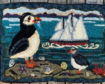 Primitive Hooked Rug Hooking Pattern Puffin Bluenose Sailboat ocean scene (not the rug!)  Digital pdf File Download to your computer