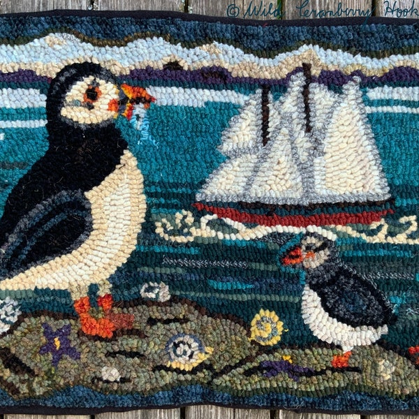 Primitive Hooked Rug Hooking Pattern Puffin Bluenose Sailboat ocean scene (not the rug!)  Digital pdf File Download to your computer
