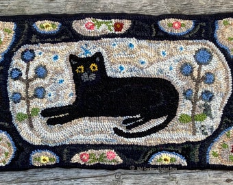 Primitive Hooked Rug Hooking Pattern Black Cat Primitive Floral (not the rug!)  Digital pdf File Download to your computer