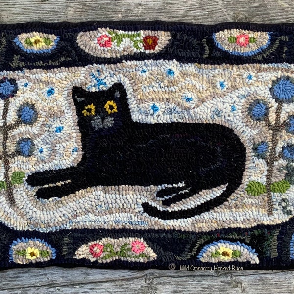 Primitive Hooked Rug Hooking Pattern Black Cat Primitive Floral (not the rug!)  Digital pdf File Download to your computer