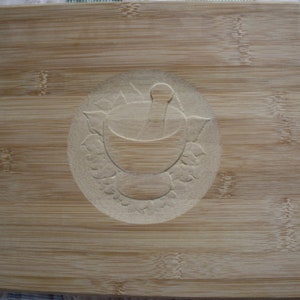 Bamboo Carved Cutting Board Solid Wood kitchen coffee tea cup motif brand new neutral light hue Kitchen Decor