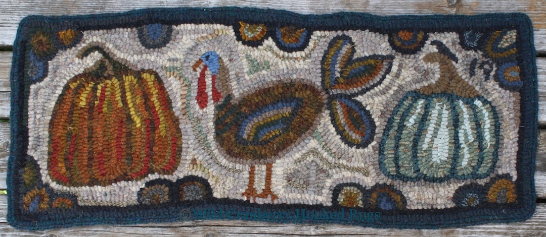 Turkey Hook Rug Primitive Hooked Rug Hooking Pattern Thanksgiving Turkey Pumpkin (not ...
