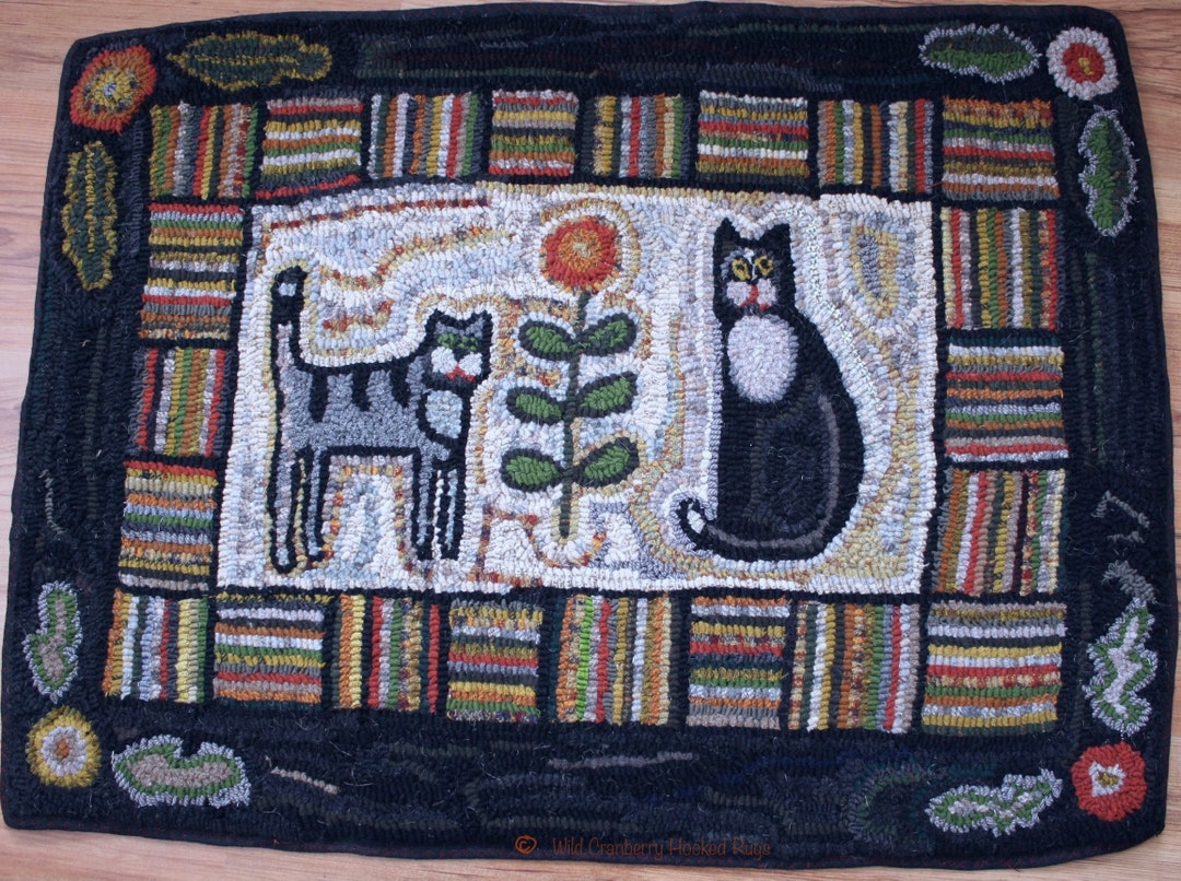 Cats Flowers Hit and Miss Border Primitive Hooked Rug Hooking Pattern ...