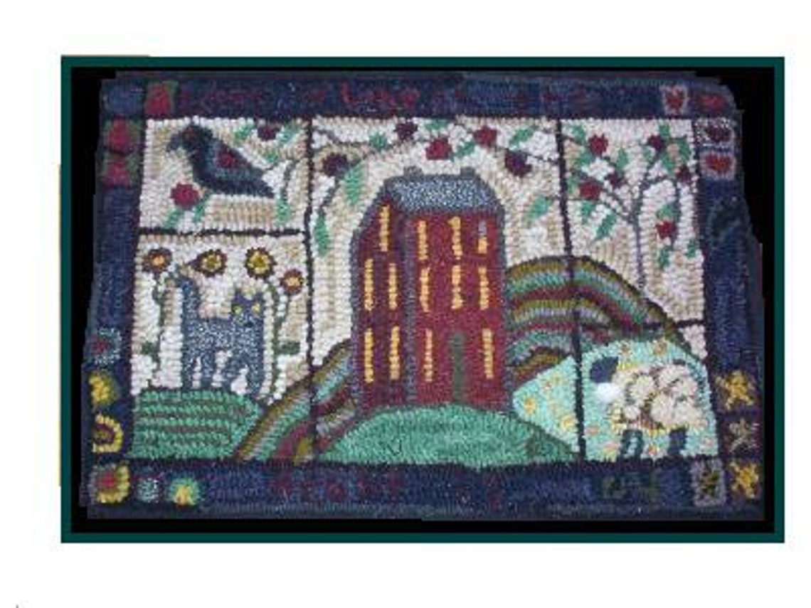 Primitive Hooked Rug Hooking Pattern Crow Sheep Salt Box Country ...