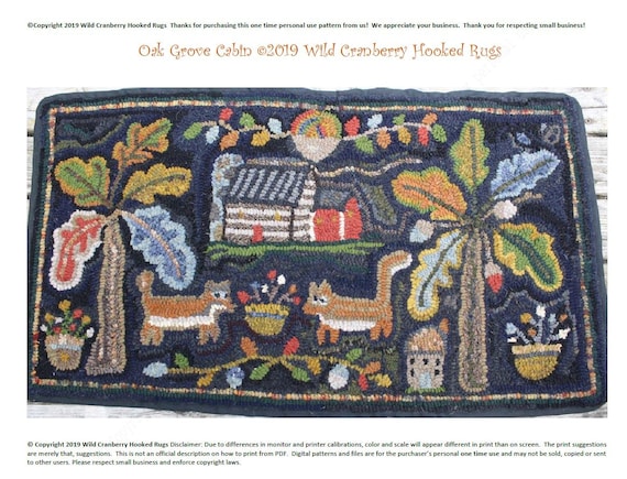 Primitive Hooked Rug Hooking Pattern Oak Grove Squirrel Not Etsy