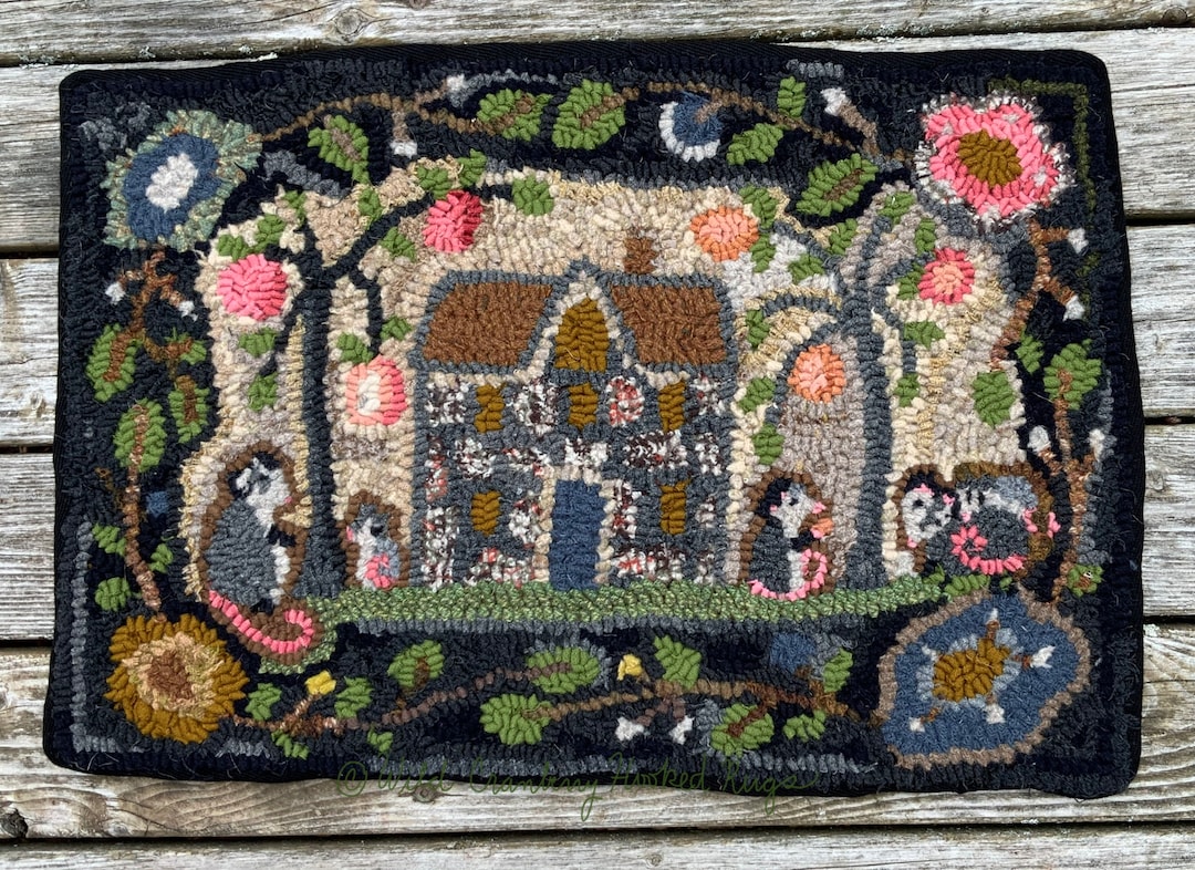 Primitive Hooked Rug Hooking Pattern Peach Stone Cottage Possums (not ...