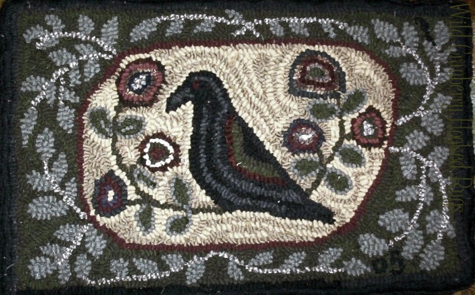 Primitive Hooked Rug Hooking Pattern Crow on the Vine (not the Rug ...