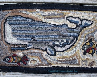 Primitive Hooked Rug Hooking Pattern whale fish friendship (not the rug!)  Digital pdf File Download to your computer